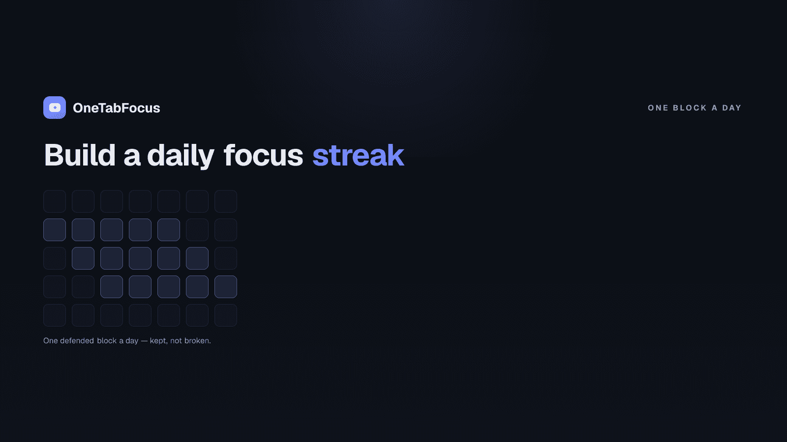 A GitHub-style heatmap on a dark background showing a year of daily focus sessions — iris-blue squares for filled days, dark for missed days, with an amber 'streak · 47 days' chip in the top-right corner.
