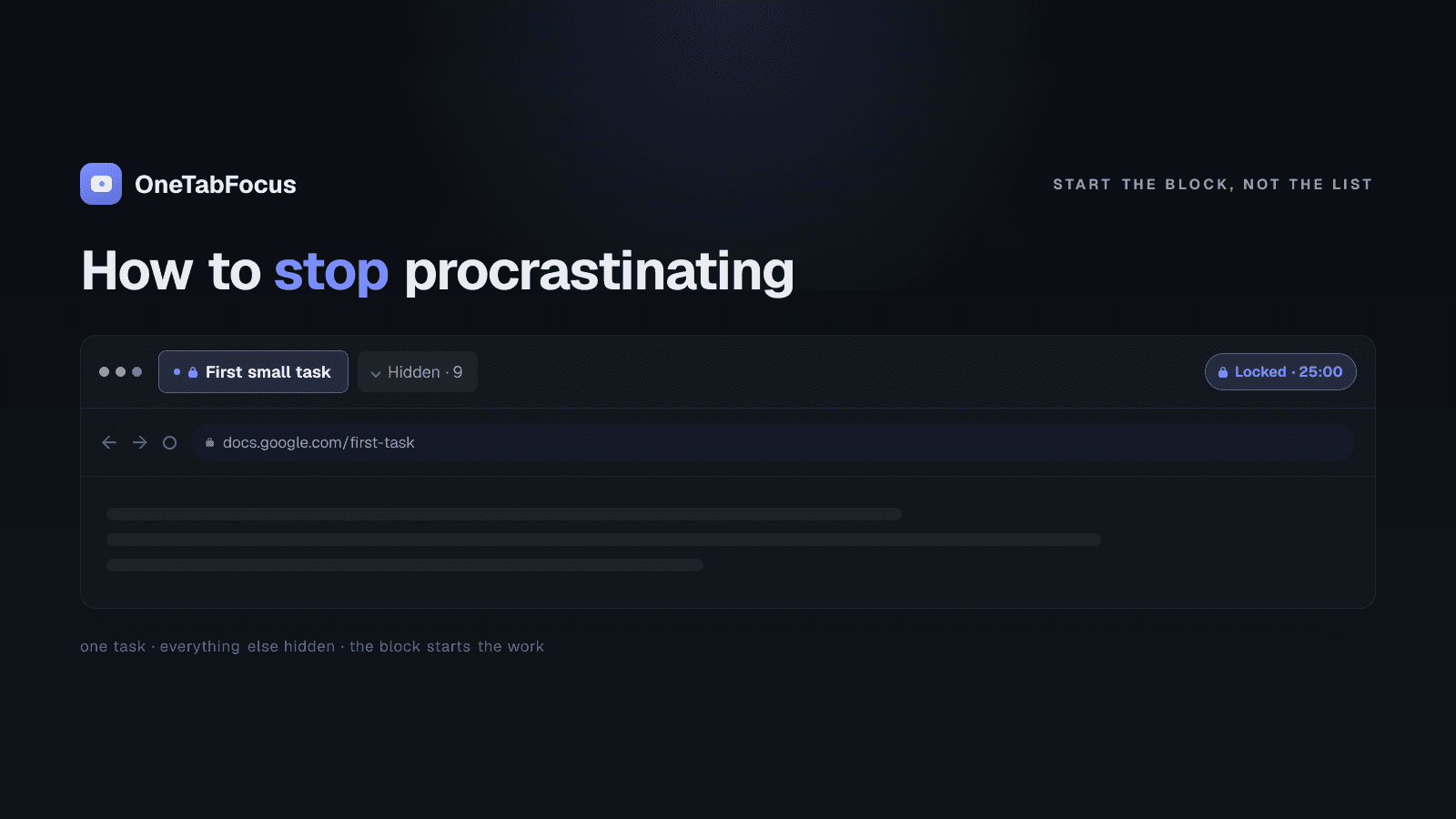 A horizontal day-strip diagram on a dark background showing a procrastination cycle on the left — scattered tab glyphs and a stalled clock — transitioning to a focused iris-blue 90-minute block on the right with one task tab and a grey 'Hidden · 14' chip.